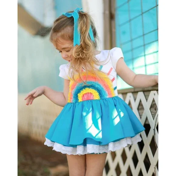 Sz 7 Girl August Stay Golden teal linen rainbow dress and shorts set NWT